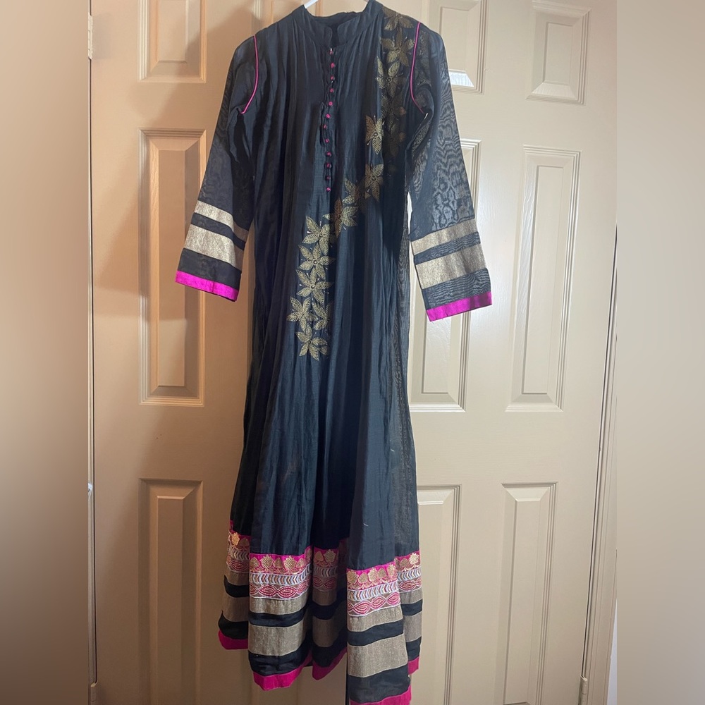 Black Kameez top with golden floral designs and pink, gold, and silver colors